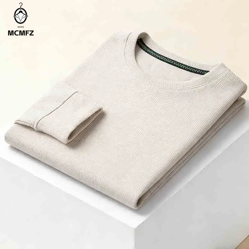 Herren Premium Karamell Waffelstrick Rundhals Langarm T-Shirt Weich Bequem Basic Casual Oberteil
