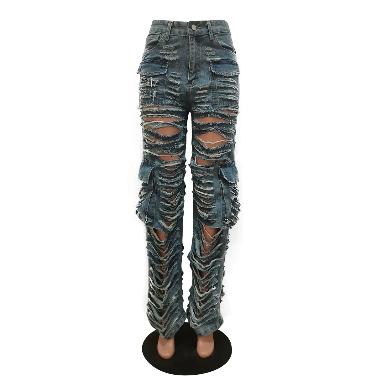 Ripped Denim Pocket Pants Jeans Cargo Y2K Streetwear Fashion 2023 Women Winter Clothes Sexy Trousers Denim Wide Leg Baggy Pants