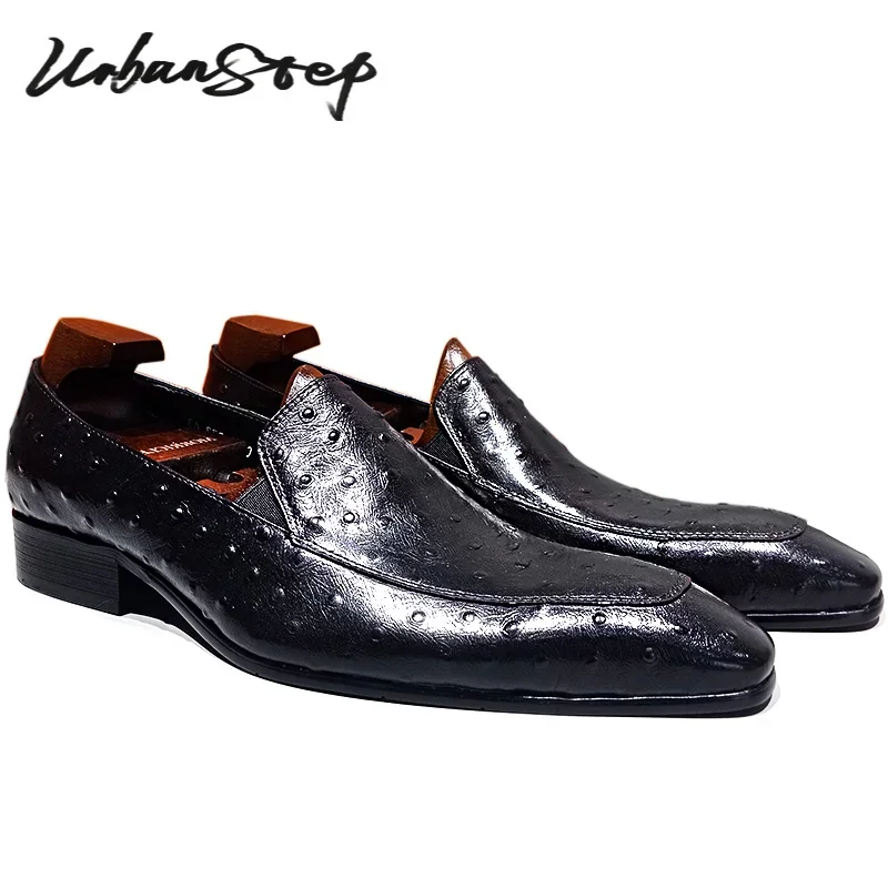 

LUXURY BRAND MEN REAL LEATHER SHOES BLACK BURGUNDY OSTRICH PRINT POINTED TOE CASUAL MENS DRESS SHOES SLIP ON LOAFERS MEN