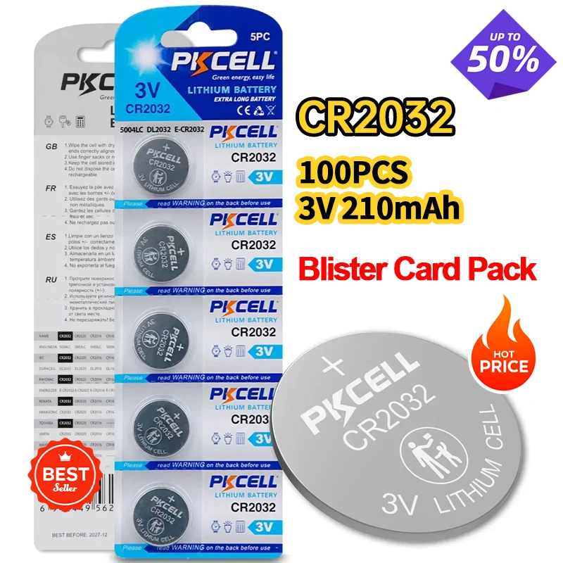 100PC Blister Card Pack PKCELL CR2032 DL2032 3V Battery Lithium Button Coin Batteries for Watch Clock Calculator Remote Car Key