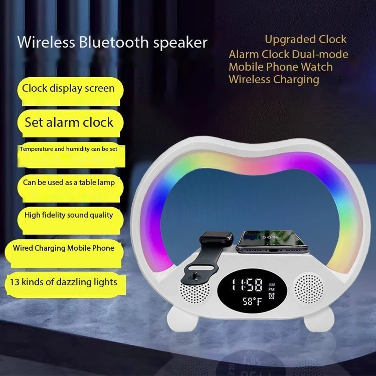 Hot Selling Private Model 6-in-1 Intelligent BT Speaker Atmosphere Light Multi Functional Wireless Charger Caixa De Som Gift