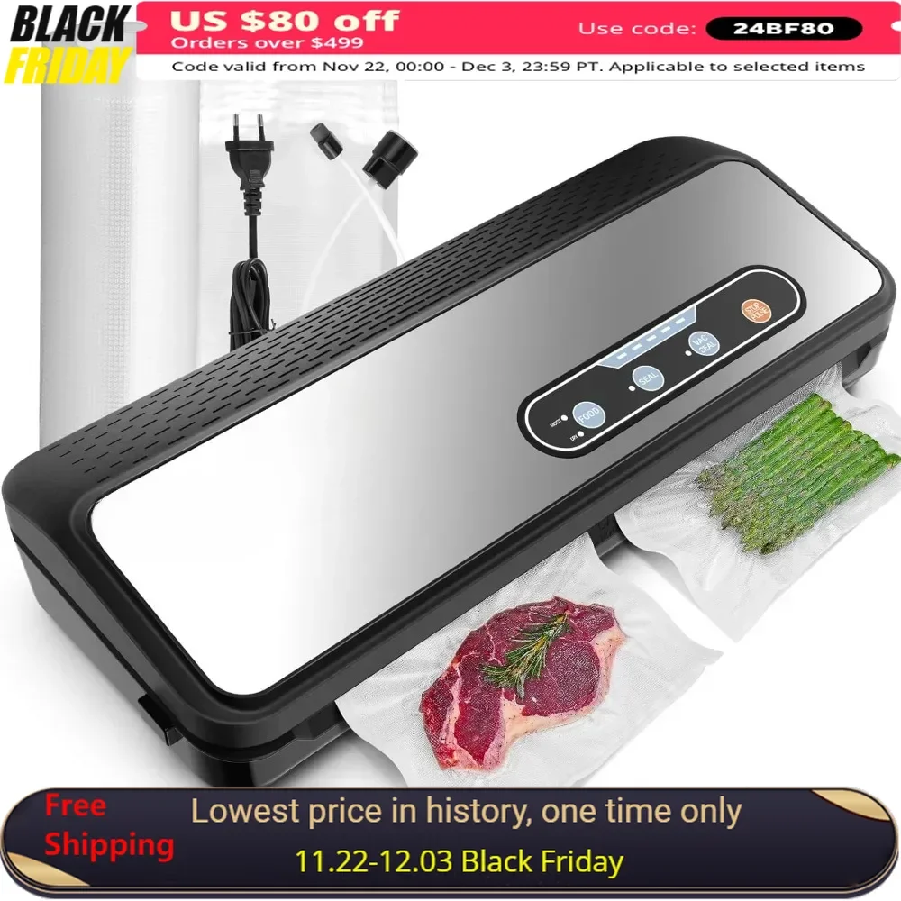 Vacuum Sealer, 90Kpa 8-IN-1 for Dry/Moist, Built-in Cutter ＆Bag Storage & 5 Pre-cut Bags, Vacuum Food Sealers