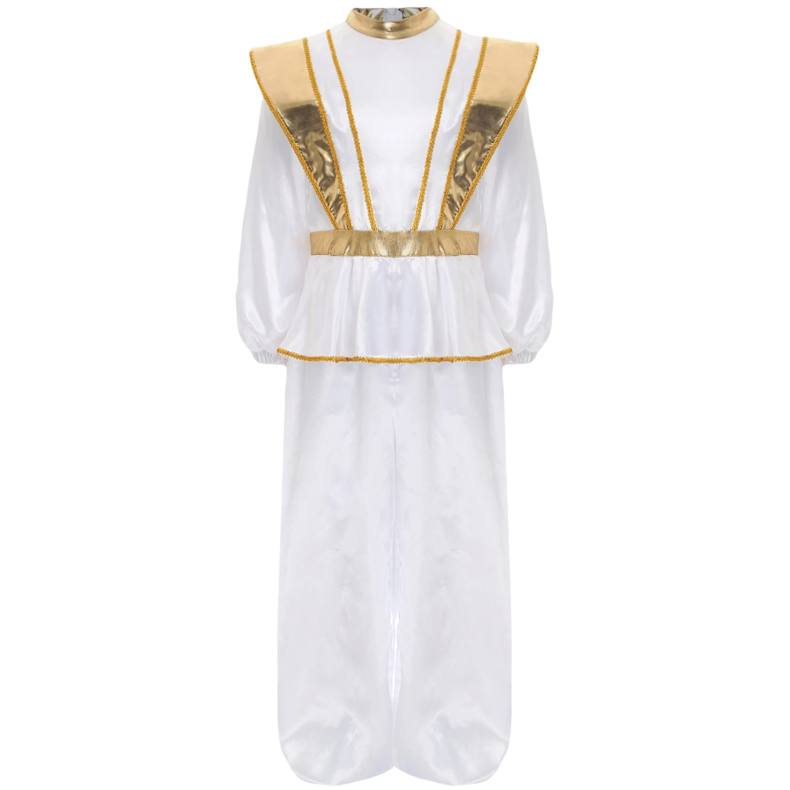 Kids Boys Arabian Prince Cosplay Costume Long Sleeve Gold Trim Bodysuit with Cape for Halloween Festival Themed Party Dress Up