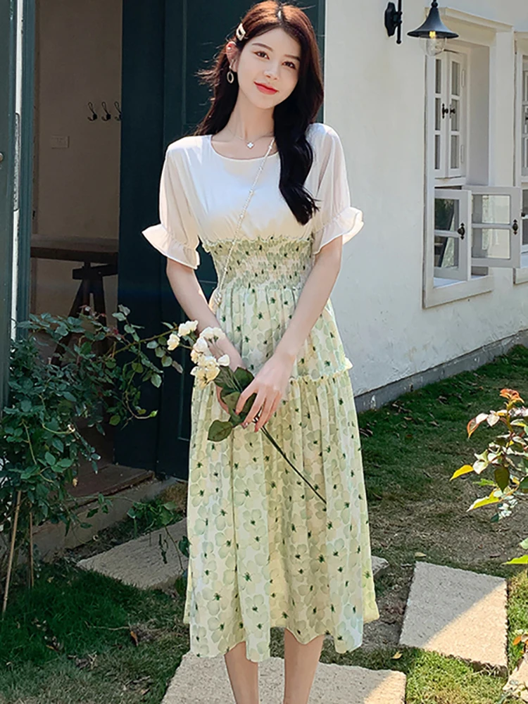 Vestido de dos piezas falso blanco de retazos de gasa Floral verde para mujer vestido elegante de verano con mangas abullonadas vestido de fiesta ajustado coreano 2025