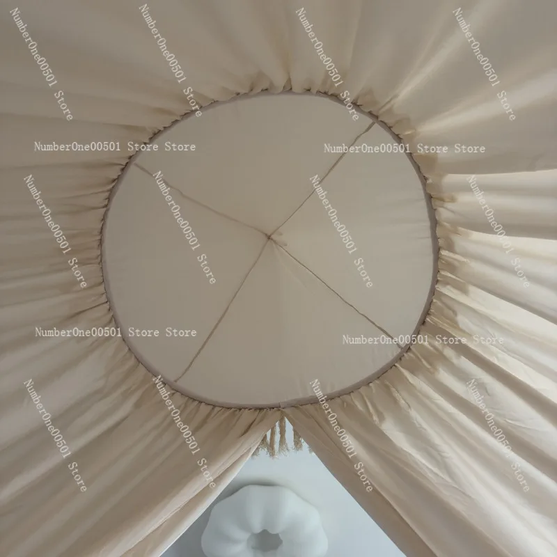 Nordic Style Cream White Round Canopy Bed Curtain Tassel Bohemian No Drill Opening Bed Canopy for Bedroom