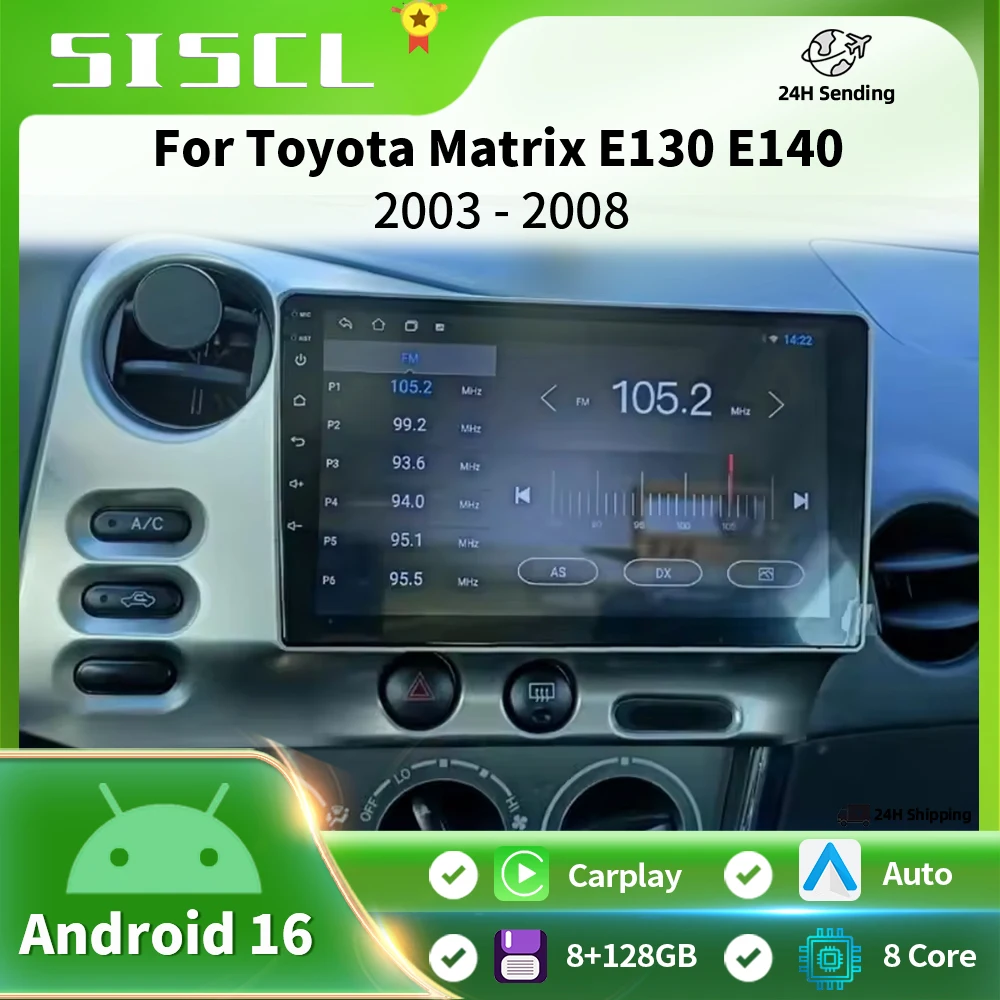

Мультимедийный DVD-плеер с GPS-навигацией и CarPlay для Toyota Matrix E130 E140 2002-2006 годов выпуска, Android 16, монитор, радио