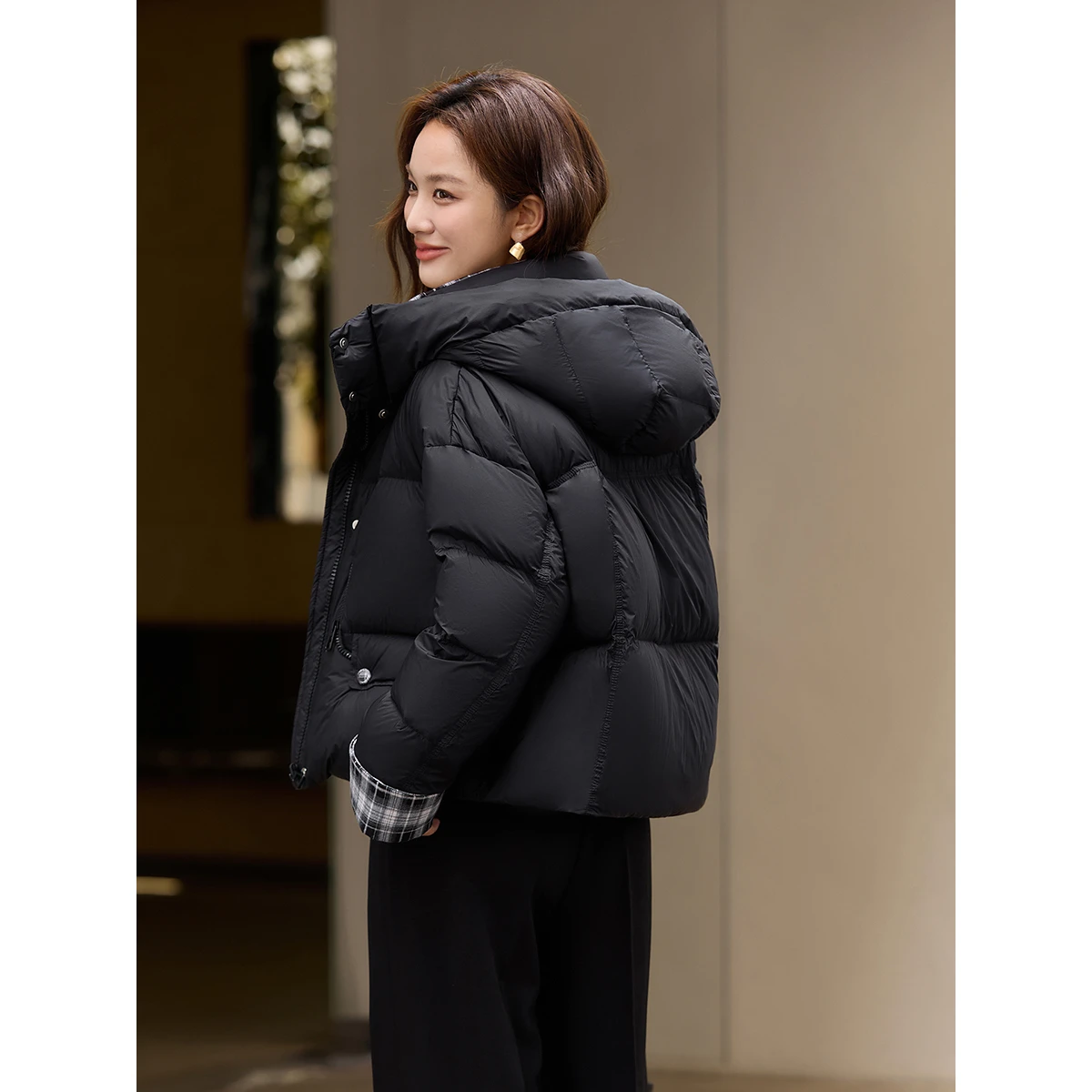 VIMLY レディース ブラック ダウンコート オフィスレディ チェック柄 スプライス カフス フード付きコート 冬 2025 ジップアップ 長袖 女性用ジャケット 50859