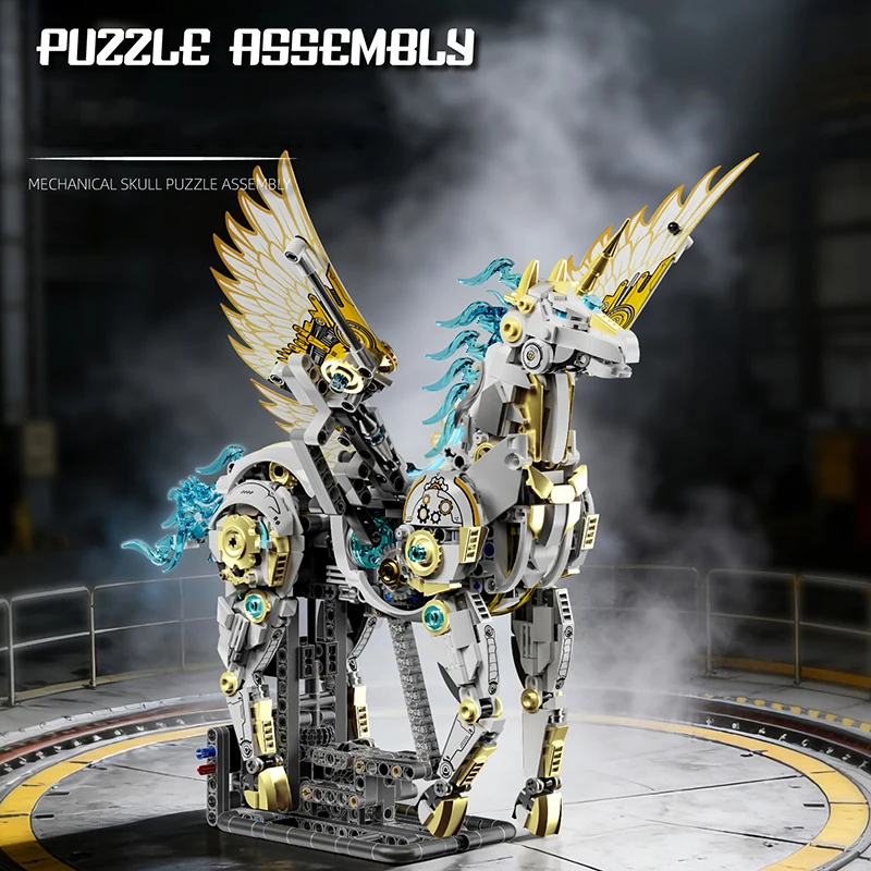 

Mechanical Unicorn Building Blocks Steampunk Pegasus Model Movable Wings Light Up Technic Bricks DIY Toy Gift for Adults