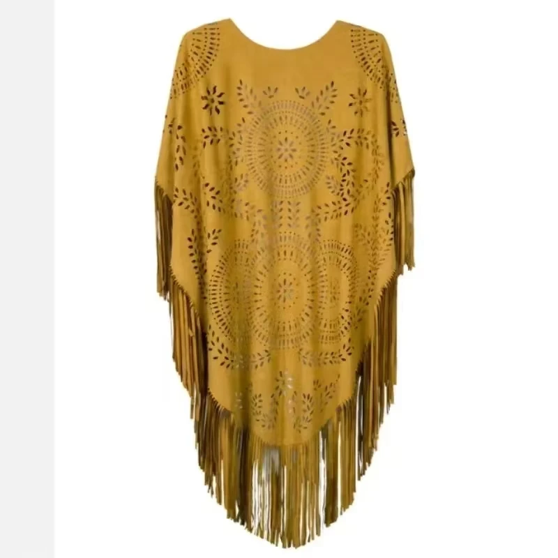 Châle en daim à franges évidées pour femmes, Ponchos vintage, Cardigan bohème, Everak, Capes Boho, Camel, Floral, Automne