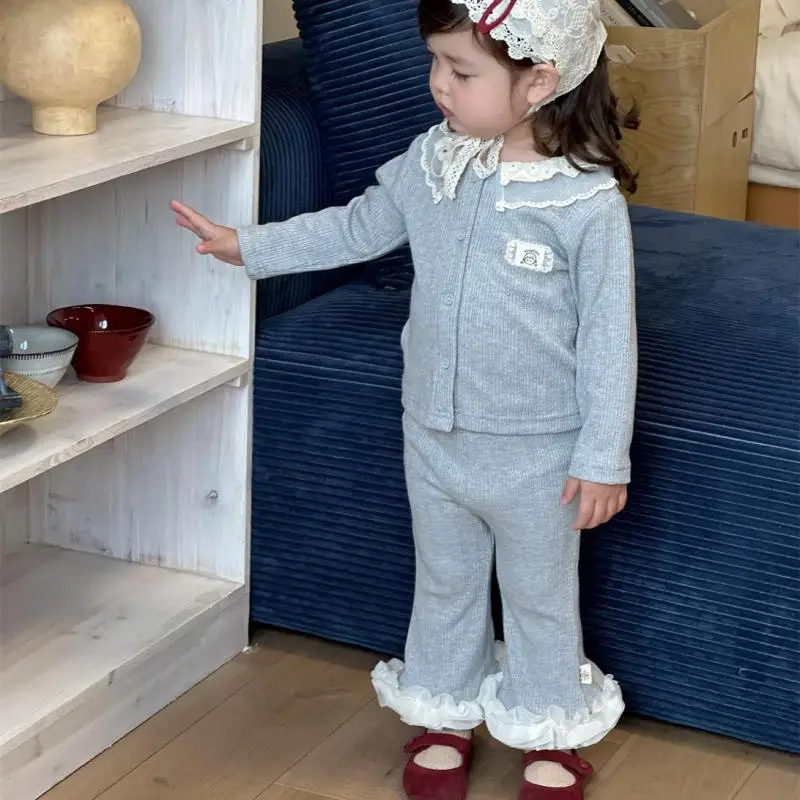 2025 Autumn New Baby Long Sleeve Clothes Set Infant Girl Cute Lapel Cardigan + Lace Flare Pants 2pcs Suit Toddler Casual Outfits