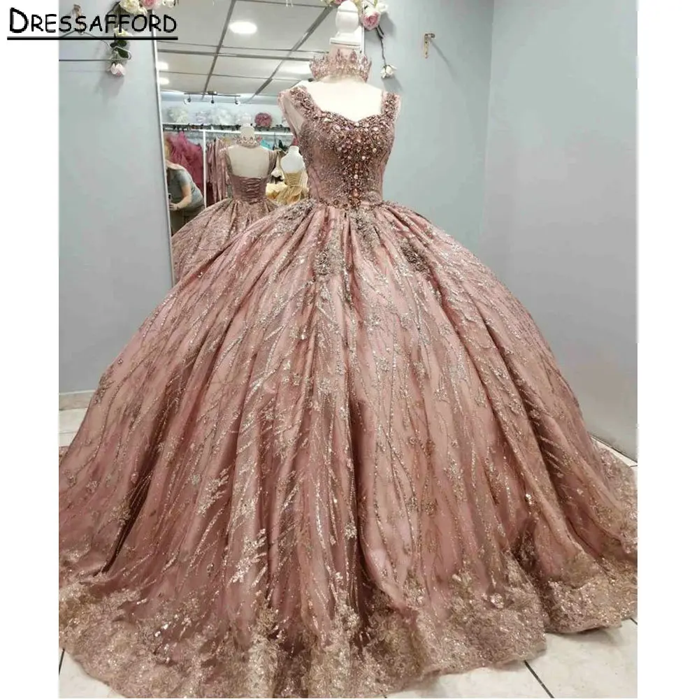 Ouro rosa artesanal miçangas espartilho quinceanera vestido de baile fora do ombro glitter cristal graduação 7th vestido de xv anos