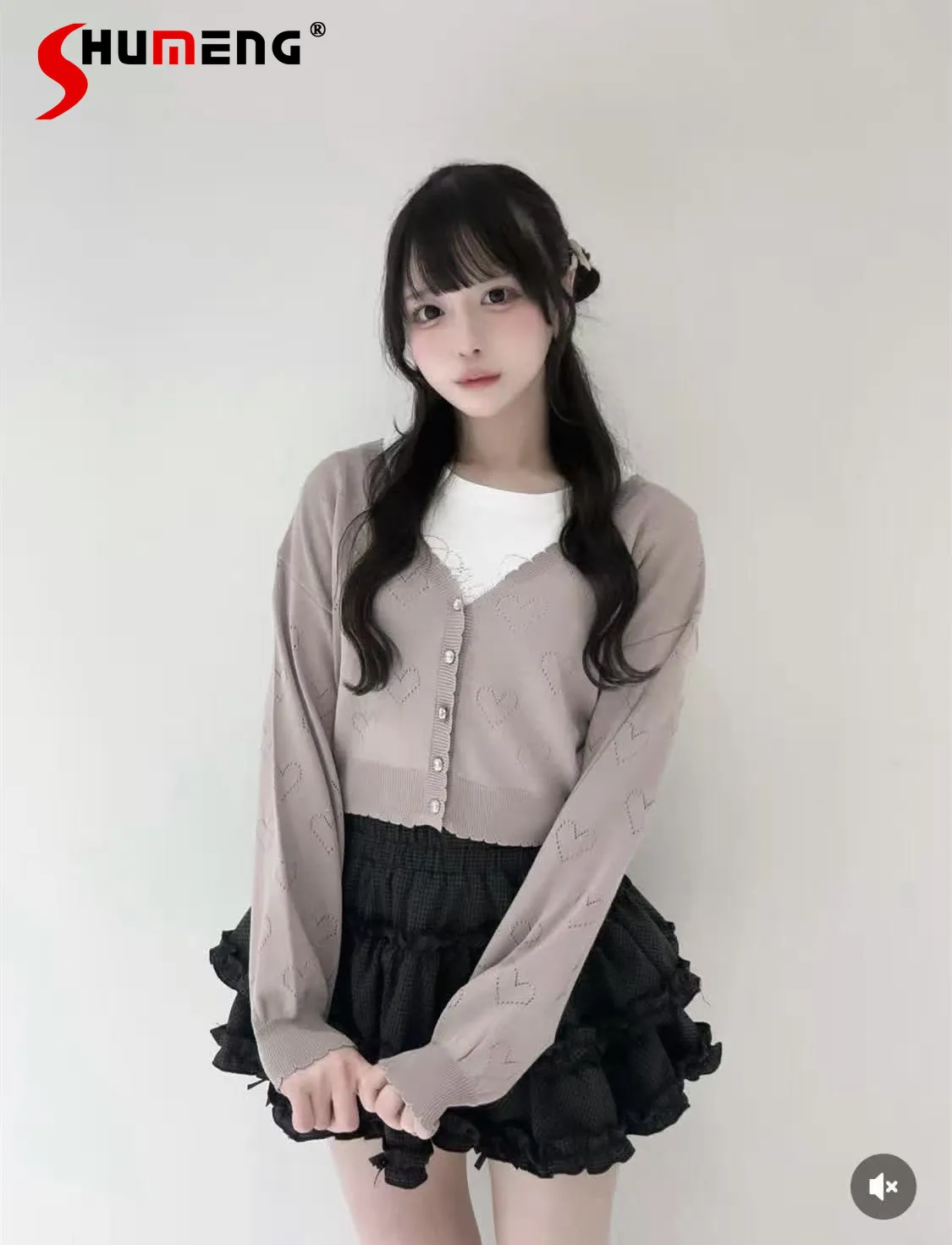 

Japanese Elegant Sweet Versatile Thin Shirts Heart Hollow V-neck Long-sleeved Single-breasted Versatile Knitted Cardigan Women