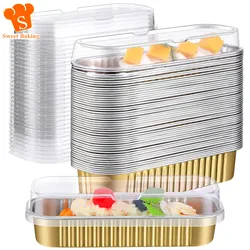 50Pcs Rectangular Baking Cups with Lids 200ml Aluminum Foil Ramekins Pan Dessert Cupcake Containers Wrappers for Party Wedding