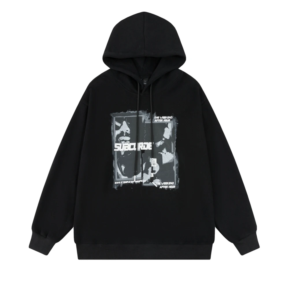 

Hip Hop Graphic Portrait Print Loose Pullovers Hoodie Streetwear Letter Double Sided Printing Hooded Sweatshirt Black And Grey
