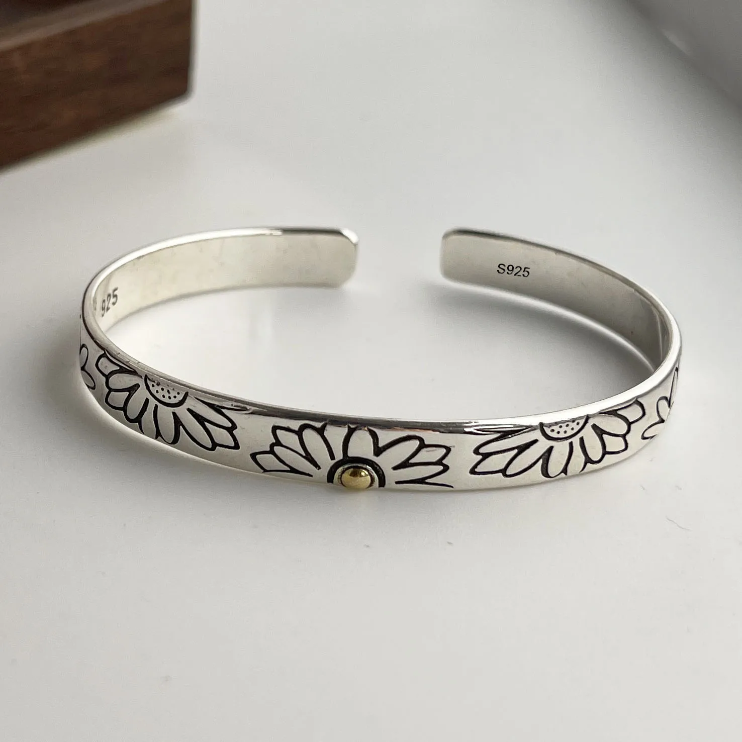 100 % massives 925er-Sterlingsilber-Retro-Armband für Damen und Herren, Vintage-Armband, handgefertigt, Blumenmuster, Geburtstagsgeschenk