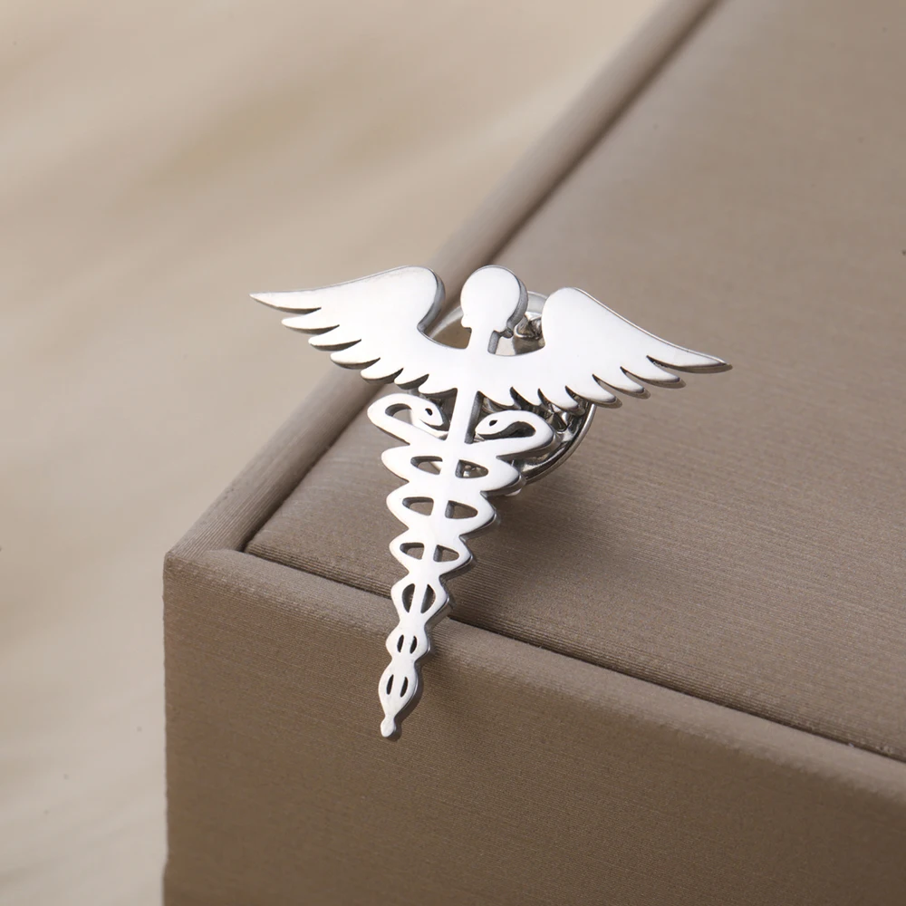 Dawapara Brosche mit Caduceus-Symbol, medizinisches Symbol, Zubehör, Reisende, Talisman, Abschlussgeschenk, Edelstahl-Schmuck – Detail 14