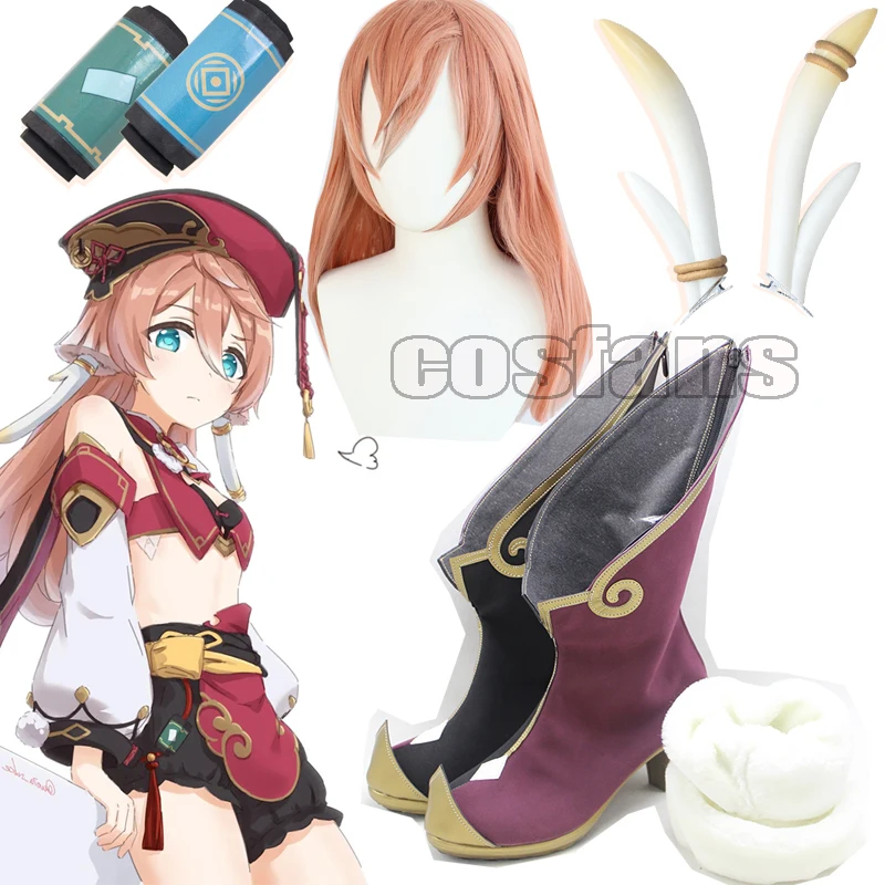 Anime Game Genshin Impact Yanfei Cosplay Aestheticism Yan Fei Boot Shoes Horns Wigs Cosplay Costume Halloween Party Outfit Gifts