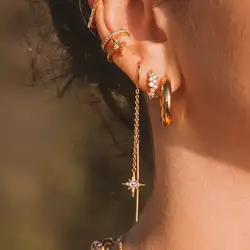 18k Gold Plated Chain Earring Dainty Star Moon Strip Drop Dangle  Stainless Steel Long Threader Earring For Women