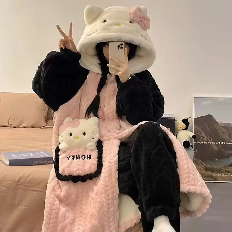 Hello Kitty Pajamas Nightgowns for Girls Coral Velvet Thickened and Warm Cute Home Clothes Loose Casual Anime Cartoons Cozy Soft