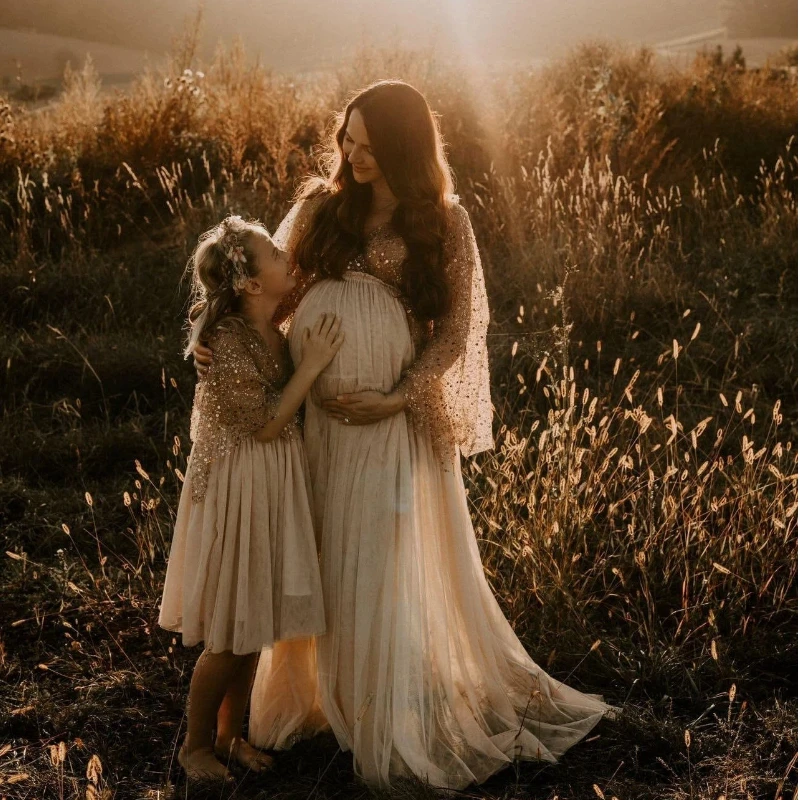 

Boho Pearls Tulle Maternity Photography Dress Open Back Gown Maxi Photography Dress for Baby Shower Photo Props Dress