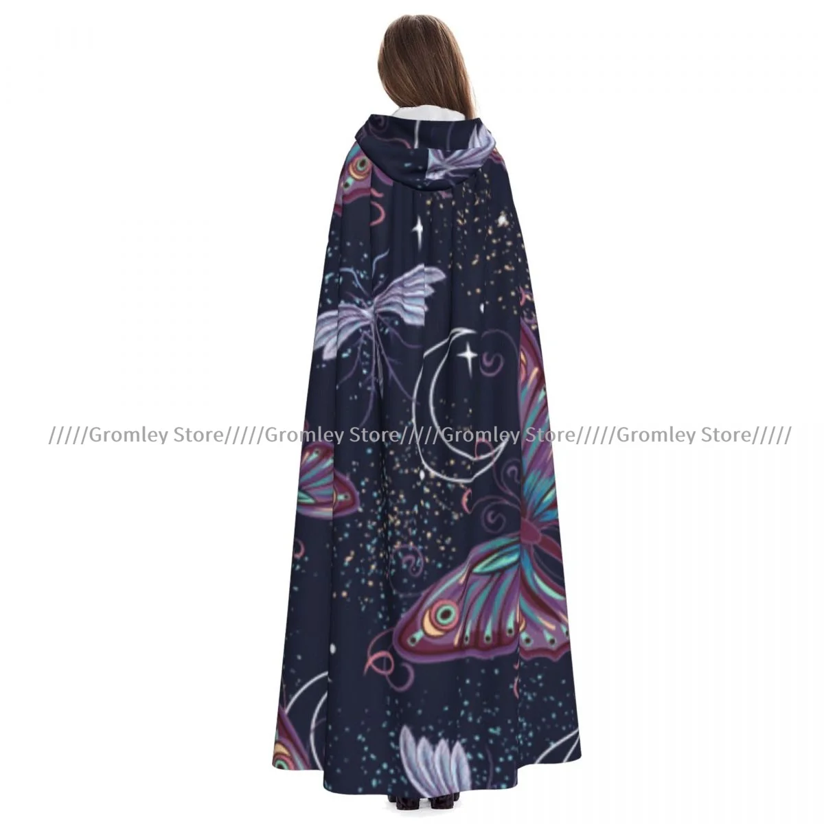 Mysterious Fantasy Butterfly Moths Crescent Moon Witch Cloak Hooded Cosplay Costume Halloween Adult Long Party Cape