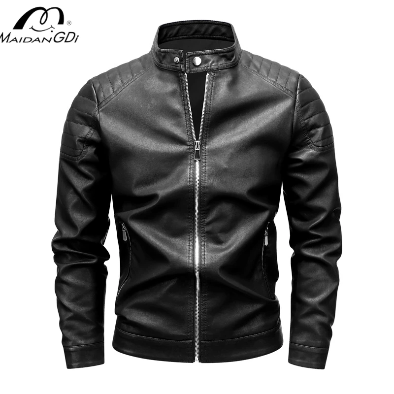 MaiDangDi-chaqueta de cuero de motocicleta para hombre, chaqueta de moda de gran tamaño, cuello levantado, ocio, primavera y otoño, nueva cremallera