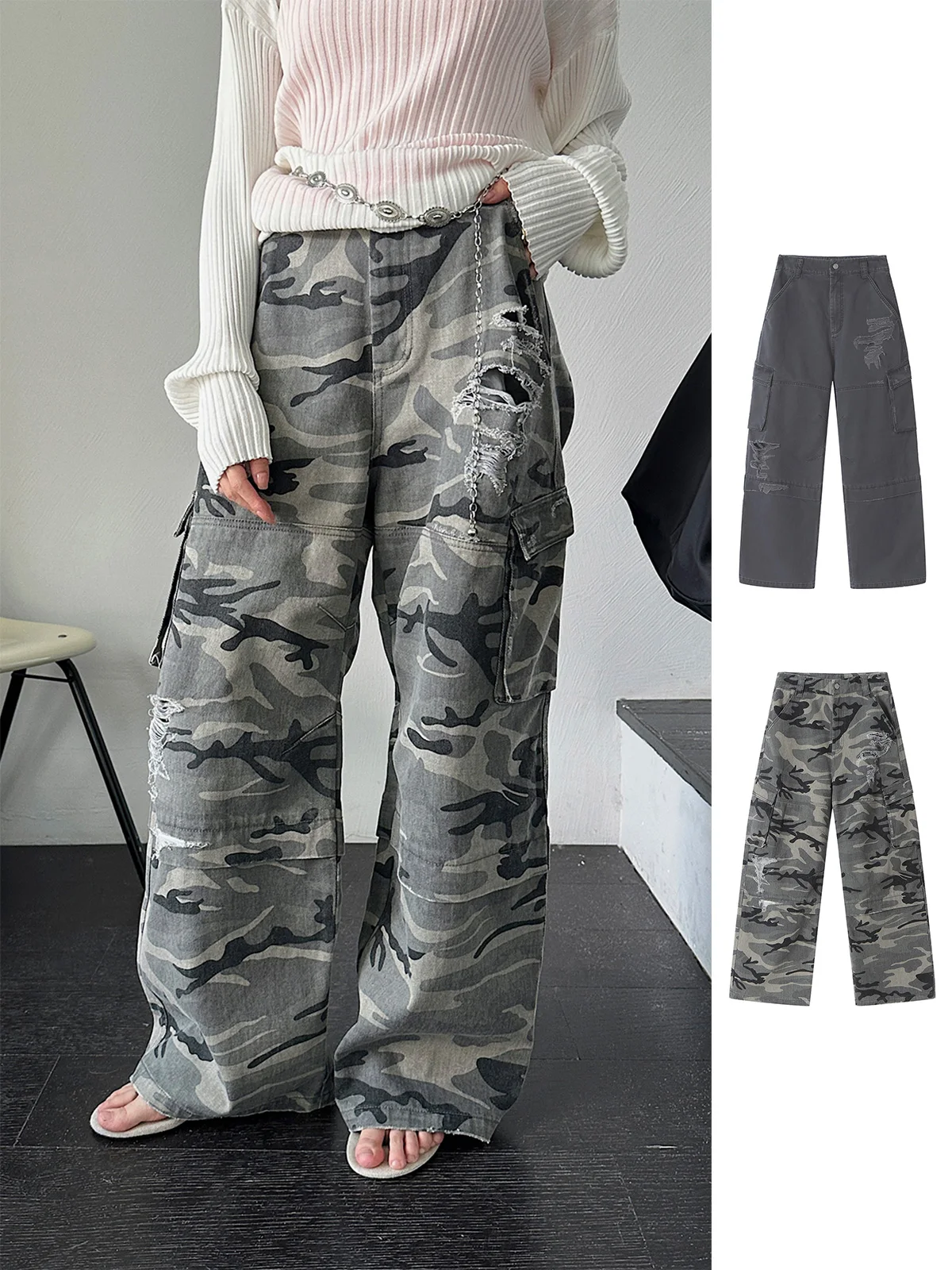 

REREK Повседневные свободные брюки с эффектом потертости и дырками, в рабочем стиле, с высокой талией, прямые, из хлопка, для женщин