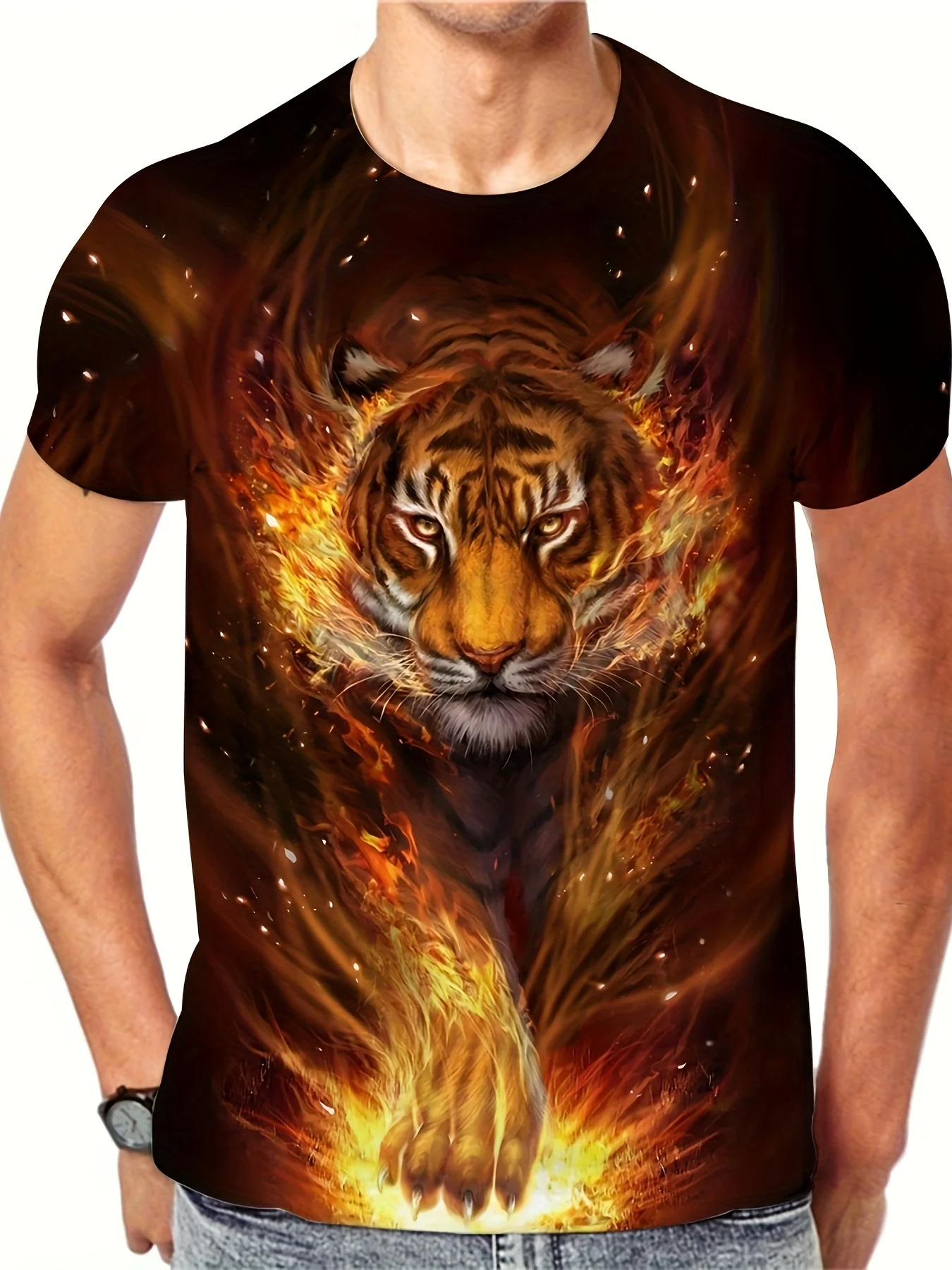 Cool Tiger Digital Graphic Print Men\'s Short Sleeve Crew Neck T-shirt, Summer Outdoor Streetwear