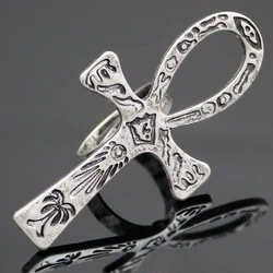 Vintage Carved Egyptian Scriptures Big Ankh Cross Finger Ring For Women Men Gothic Open Crosses Amulet Band Jewelry Adjustable