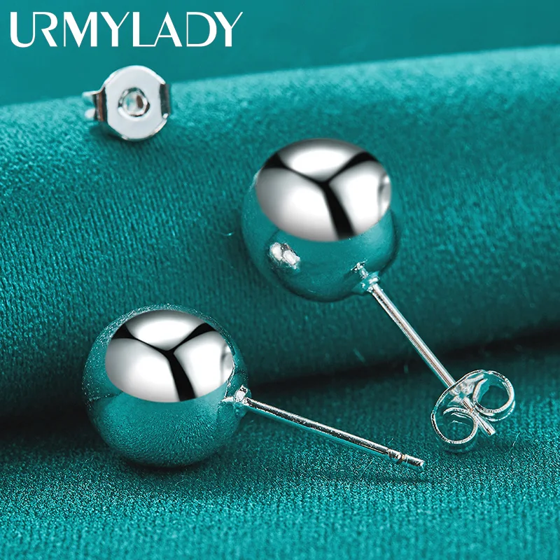 URMYLADY 925 Sterling Silver 8MM Bead Stud Earrings For Women Fashion Wedding Engagement Charm Jewelry