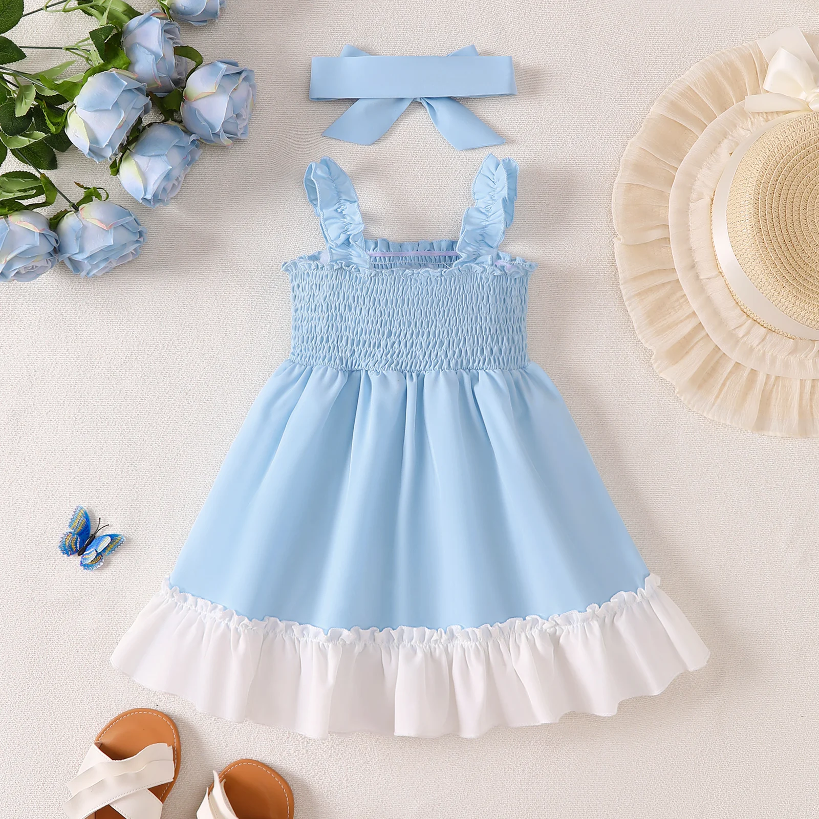 2-teiliges Set: Einfarbiges Kleid mit Rüschen und Trägern für Babymädchen + Stirnband, geeignet für Babys von 0 bis 3 Jahren, Sommerkleid für Geburtstagsfeiern, Prinzessinnenkleid. – Detail 3