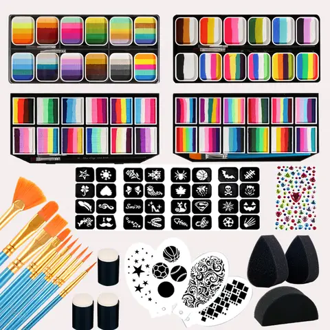 Kit de Maquillage Professionnel pour le Corps et le Visage 12x10g – Peinture Corporelle Arc-en-ciel One Stroke Split Cake pour Adultes avec Pochoirs