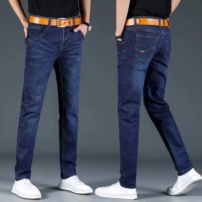 Immagine 5: Jeans Invernali da Uomo con Fodera in Pile, Gamba Dritta, Vita Alta, Taglie Grandi, Pantaloni Caldi, Slim-Fit, Casual, per Pendolari