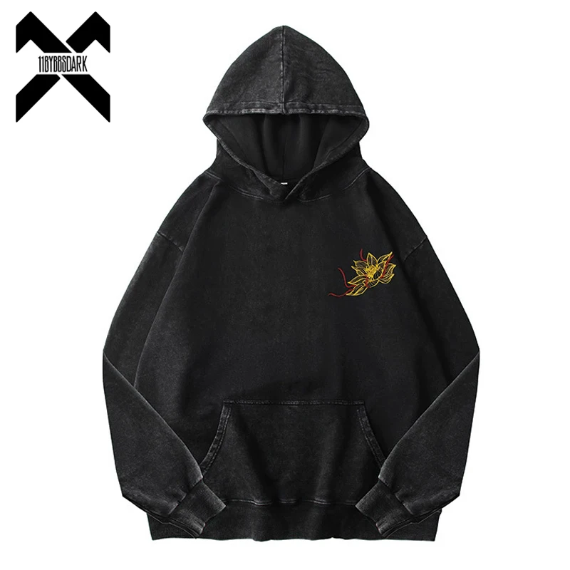 

Мужская толстовка с китайским иероглифом и цветочной вышивкой, винтажный стираный пуловер, оверсайз, осень 2021, толстовка в стиле хип-хоп, уличная одежда, топ