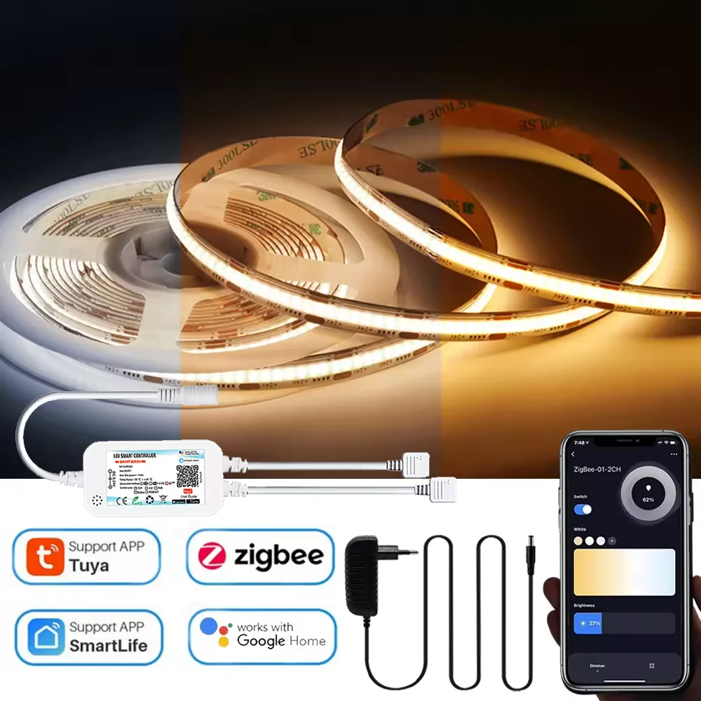 Tuya Zigbee 24V FCOB CCT LED Light Strip 608LEDs High Density Flexible Led Light 3000K To 6000K Linear Dimmable for Alexa Google