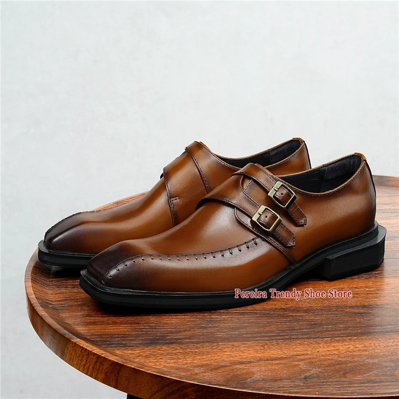 Trendy Stitching Design Men's Formal Shoes Double Buckle Square Toe Derby Shoes Fashion Handmade Cowhide Business Dress Shoes