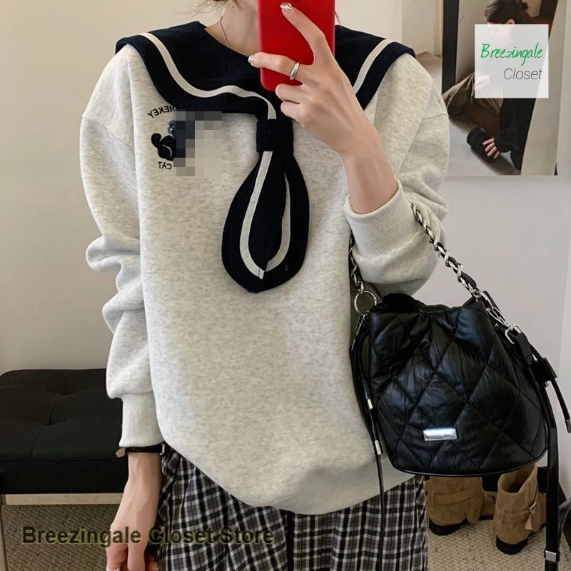 

Korean Kitten Embroidered Navy Collar Sweater Women's Spring and Autumn New Fashion Loose Hatless Age-reducing Casual Top