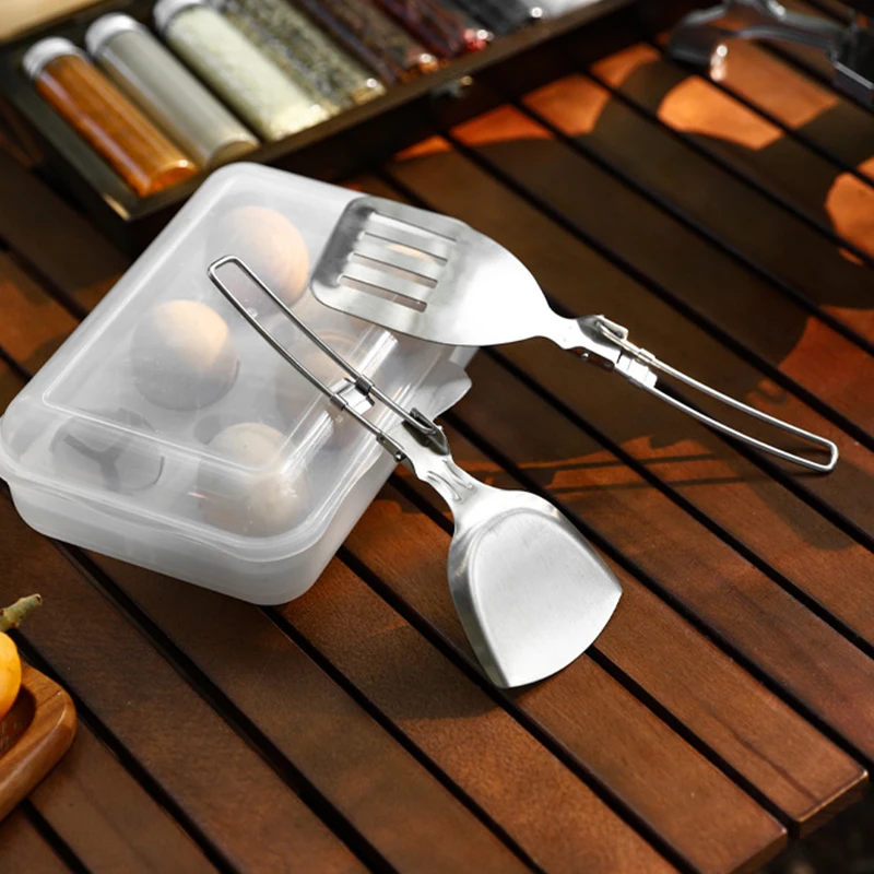 Stainless Steel Field Kitchenware Camping Portable Utensils Folding Frying Spatula Tableware for Outdoor Travel Cooking