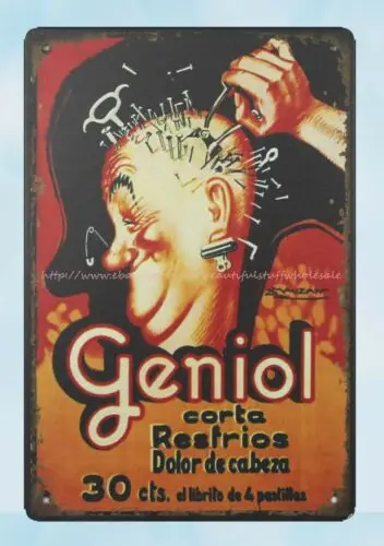 Geniol Pierced Head metal tin sign at home decor store