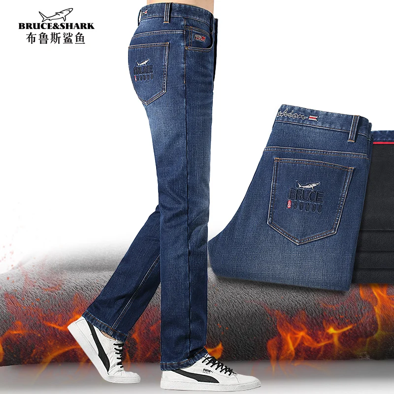 

New Winter Fleece Jeans for Men Bruce&Shark Luxury Korean Style Mid Waist Men's Jeans Casual Straight Leg Loose Big Size 42