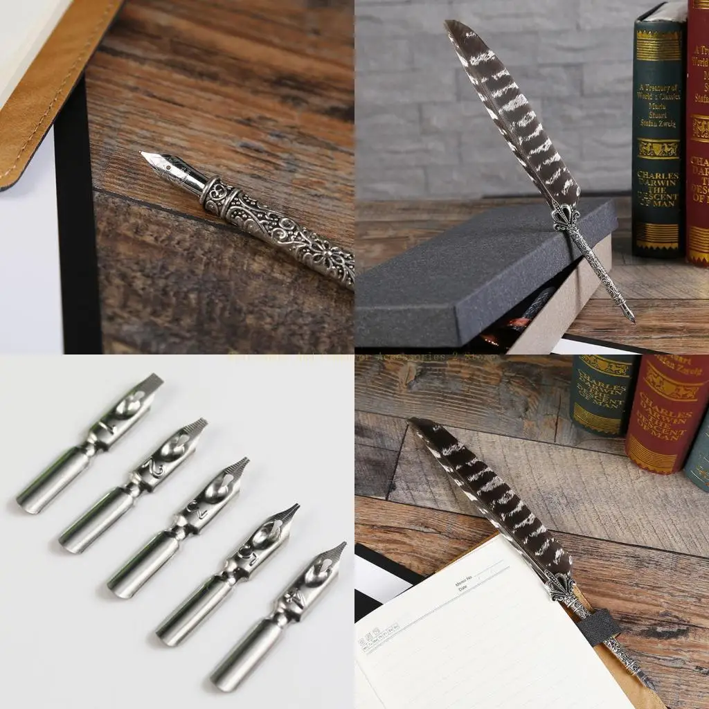 

Luxury Vintage Quill Dip Calligraphy Fountain Pen Writing 5 Nibs Set Stationery