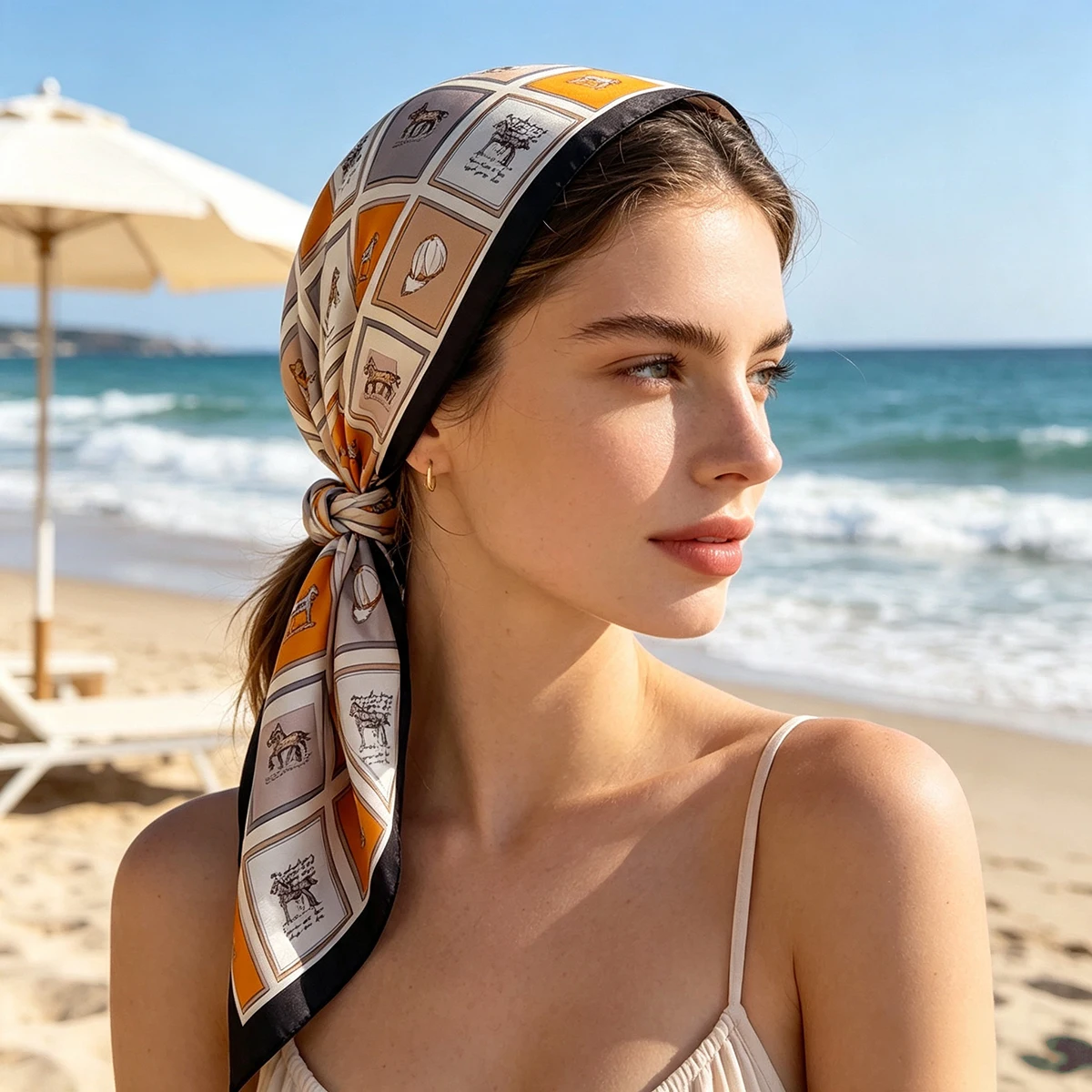 高級馬柄スクエアスカーフ、柔らかなサテンイミテーションシルク - Silk Neck Scarf のレビューと価格