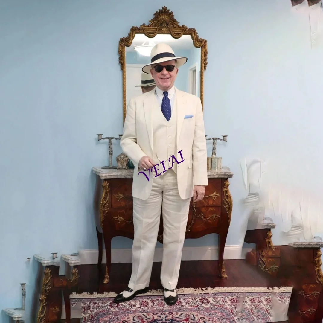 

Повседневные мужские костюмы из льна цвета слоновой кости, комплекты из 3 предметов, летние пляжные свадебные смокинги для жениха, пиджаки в британском стиле, для вечерних мероприятий, на заказ