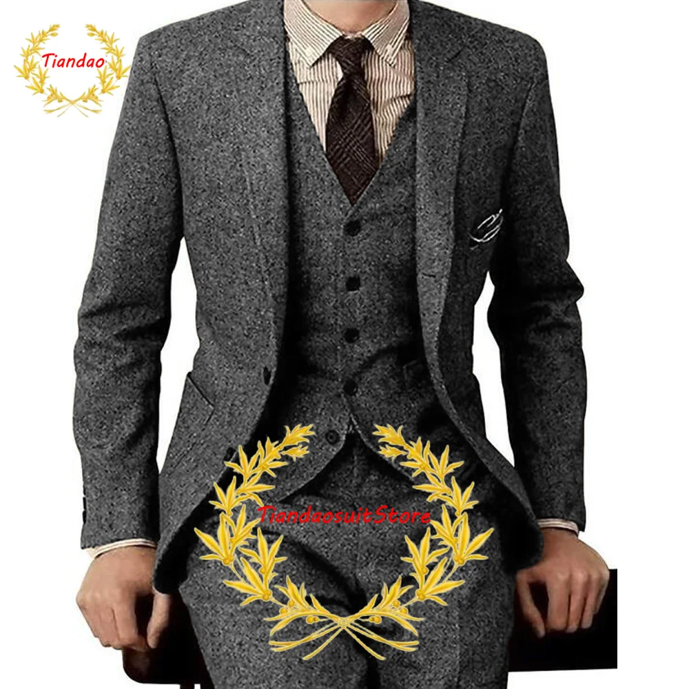 Brown Wool Men\'s Suit 3 Piece Herringbone Winter Thermal Jacket Pants Vest Slim Fit Business Jacket Formal Complete Outfit