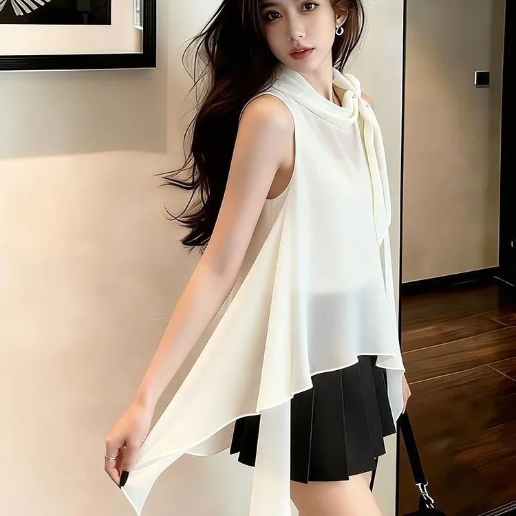 

Elegant White Strapless Sleeveless Shirt Vest Women's Summer New Style Beautiful Slimming Top Polyester Fiber round Neck