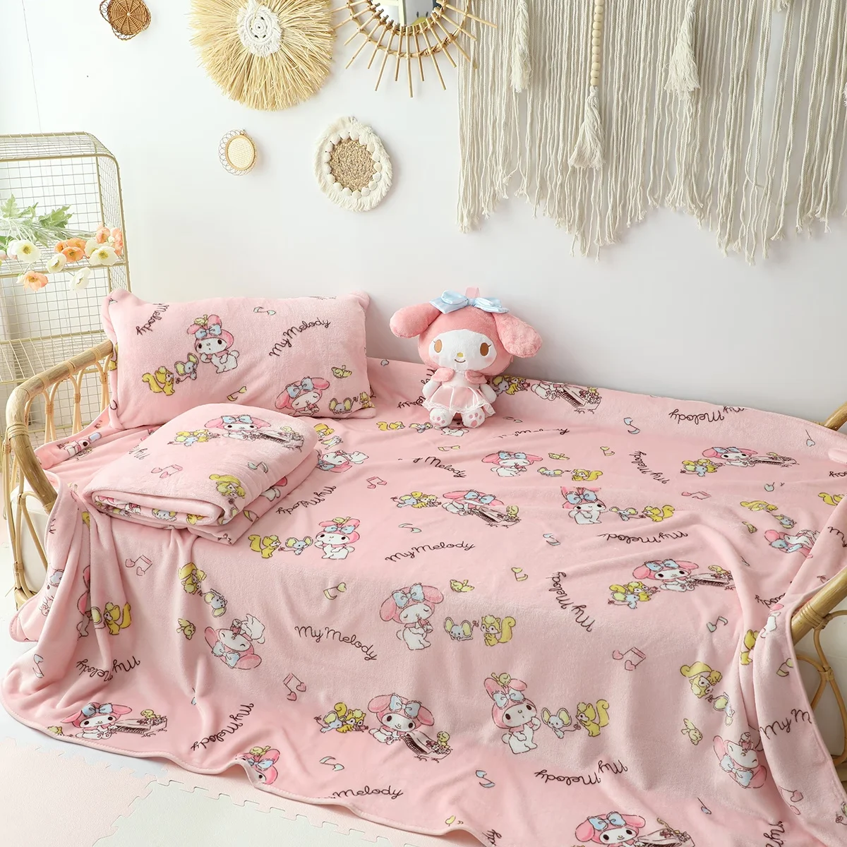 My Melody Plush Flannel Blanket Sanrio Image Printed Summer Nap Quilt Kawaii Bedroom Deocr Sheet Girlish Pillowcase Gift for Kid