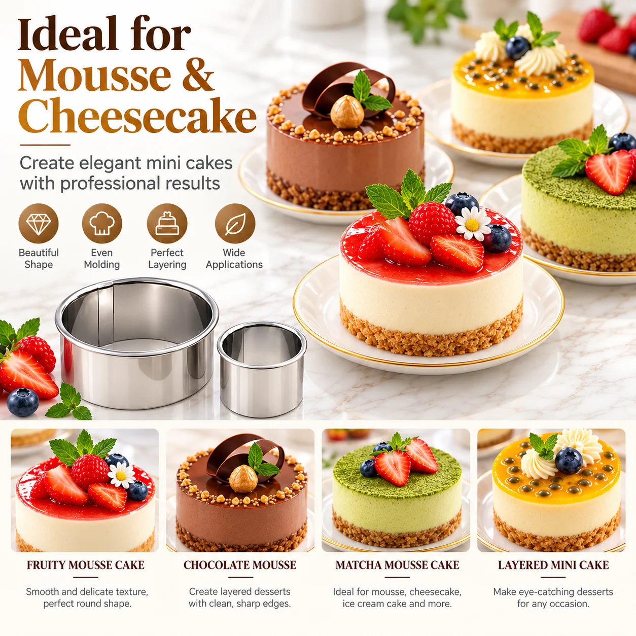 11/12-teiliges Mousse-Ring-Set aus lebensmittelechtem Edelstahl mit gerolltem Rand, leicht zu reinigen, runde Formen zum Formen von Fondant, Gebäck und Donuts für das Backen zu Hause – Detail 2
