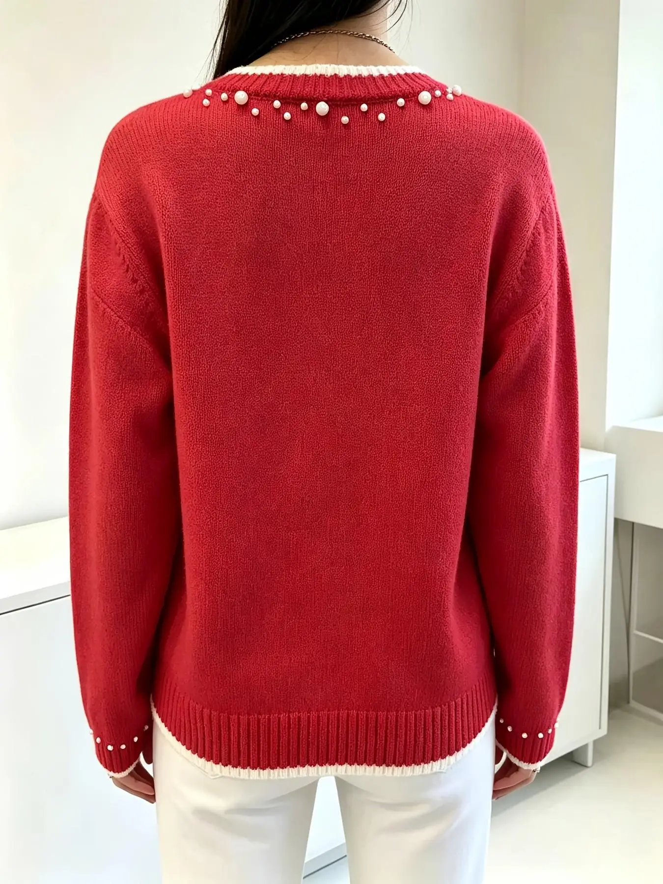 Women Pearl Decor Knit Cardigan Contrast White Trim Round Neck Long Sleeve Single Breasted Fall Winter Elegant Ladies Knitted Sw