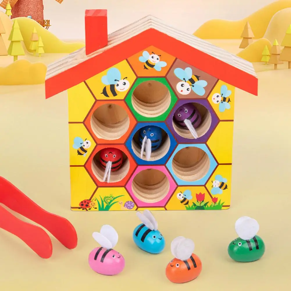 Wooden Honeycomb Toy Colorful Wooden Honeycomb with Tweezer Bees Learning Toy for Kids Fine Motor Skills Development Color