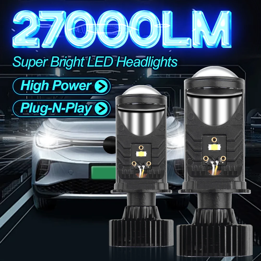 LED Projector Car Headlight 120W 27000LM Mini Projector Lens Auto Lamps 6000K 12V H4 High Low Beam Car Lights With Fan Cooling